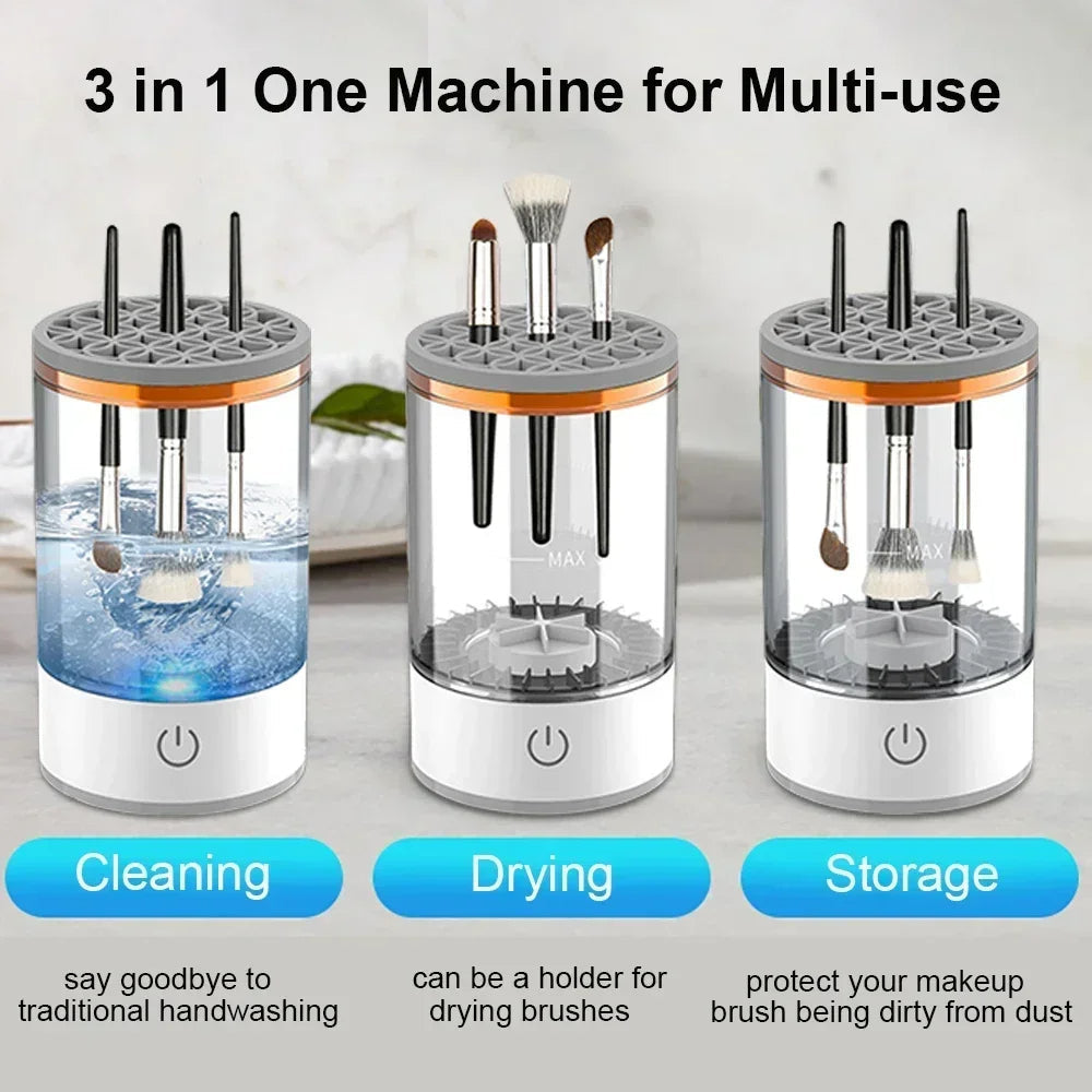 Woman using Automatic Makeup Brush Cleaner for Skincare
