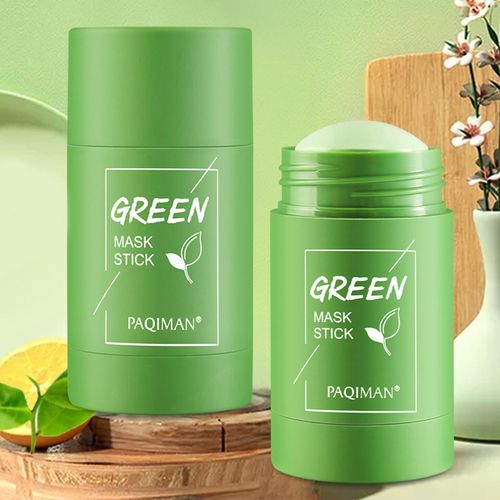 Face before and after using green tea mask stick