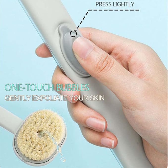 Woman using long handle shower scrubber in spa-like shower